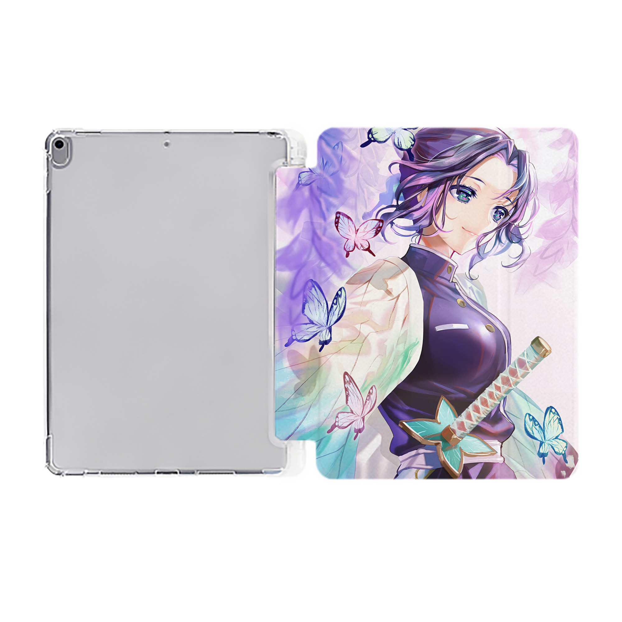 （画像用） 鬼滅の刃（きめつのやいば）蟲柱-胡蝶 しのぶ／こちょう しのぶ Kochou Shinobu IPad ケース ペン収納付き 三つ折りスタンド PUレザー×シリコン 対応機種9.5/10.5/10.9インチ
